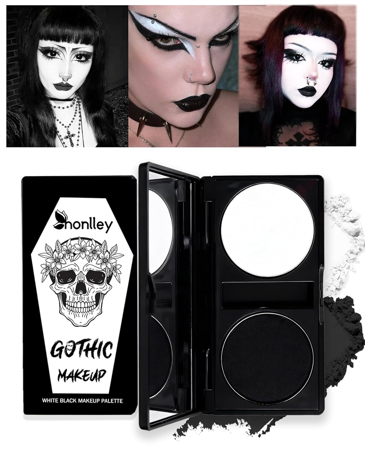 Black White Makeup Palette - Goth Makeup Pressed Powder Eyeshadow Compact, Matte Smokey Face Paint for Women Girl, Halloween Skeleton Cosplay & Gothic Costume | High Pigment,Waterproof,Intense