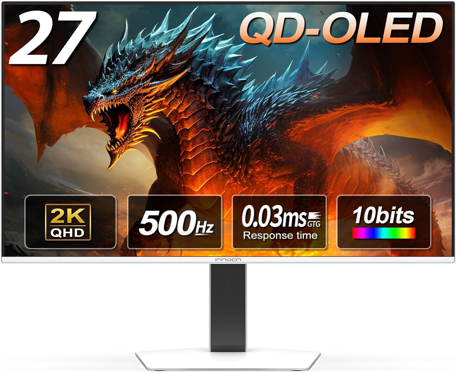 INNOCN 27" OLED 2K QHD 2560 x 1440p 500Hz Gaming Monitor, Gaming Console Ready, VRR, G-SYNC Compatible, HDR 500, 0.03ms, FPS/RTS, HDMI 2.1, DP, Speaker, Pivot Adjustable Stand - GA27M1Q