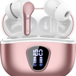 Wireless Earbuds, Bluetooth 5.4 Headphones HiFi Stereo, Bluetooth Earbuds with ENC Noise Cancelling Mic, IP7 Waterproof in Ear Earphones, 48H, LED Display Ear Buds for Pad Phones Workout, Rose Gold