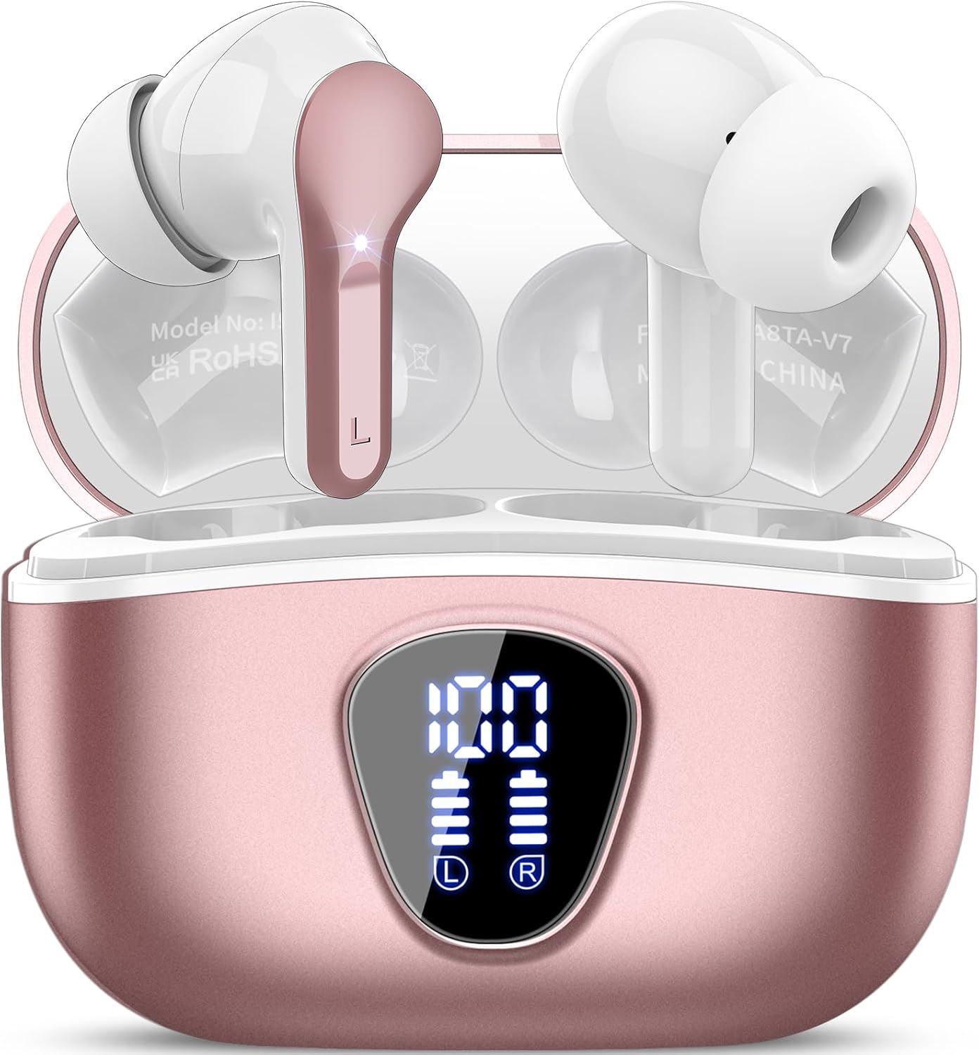 Wireless Earbuds, Bluetooth 5.4 Headphones HiFi Stereo, Bluetooth Earbuds with ENC Noise Cancelling Mic, IP7 Waterproof in Ear Earphones, 48H, LED Display Ear Buds for Pad Phones Workout, Rose Gold