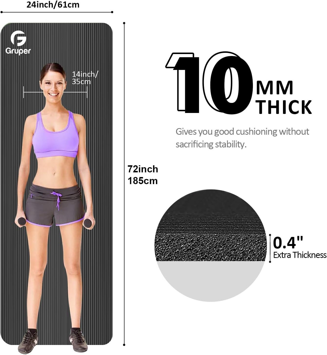 Yoga Mat Non Slip NBR Extra Thick Yoga Mat, 72"L x 32"/24"W x 0.6"/0.4"TH (185cm x 80cm/61cm x 15mm/10mm), Anti-Tear Exercise Mat with Carrying Strap and Bag, Workout Mats for Yoga, Pilates - Image 2