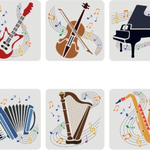 FINGERINSPIRE 6PCS Musical Instrument Stencils 11.8×11.8 inch Guitar Violin Piano Accordion Harp Saxophone Drawing Stencil Large Reusable DIY Craft Painting Stencil for Music Lovers Home Decoration