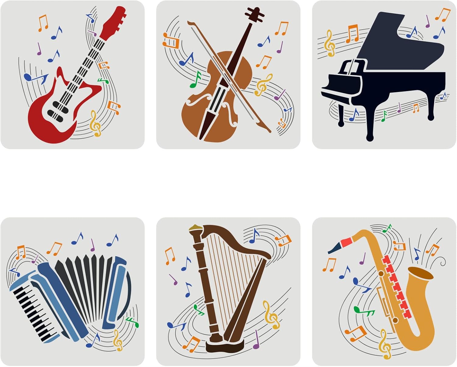 FINGERINSPIRE 6PCS Musical Instrument Stencils 11.8x11.8 inch Guitar Violin Piano Accordion Harp Saxophone Drawing Stencil Large Reusable DIY Craft Painting Stencil for Music Lovers Home Decoration