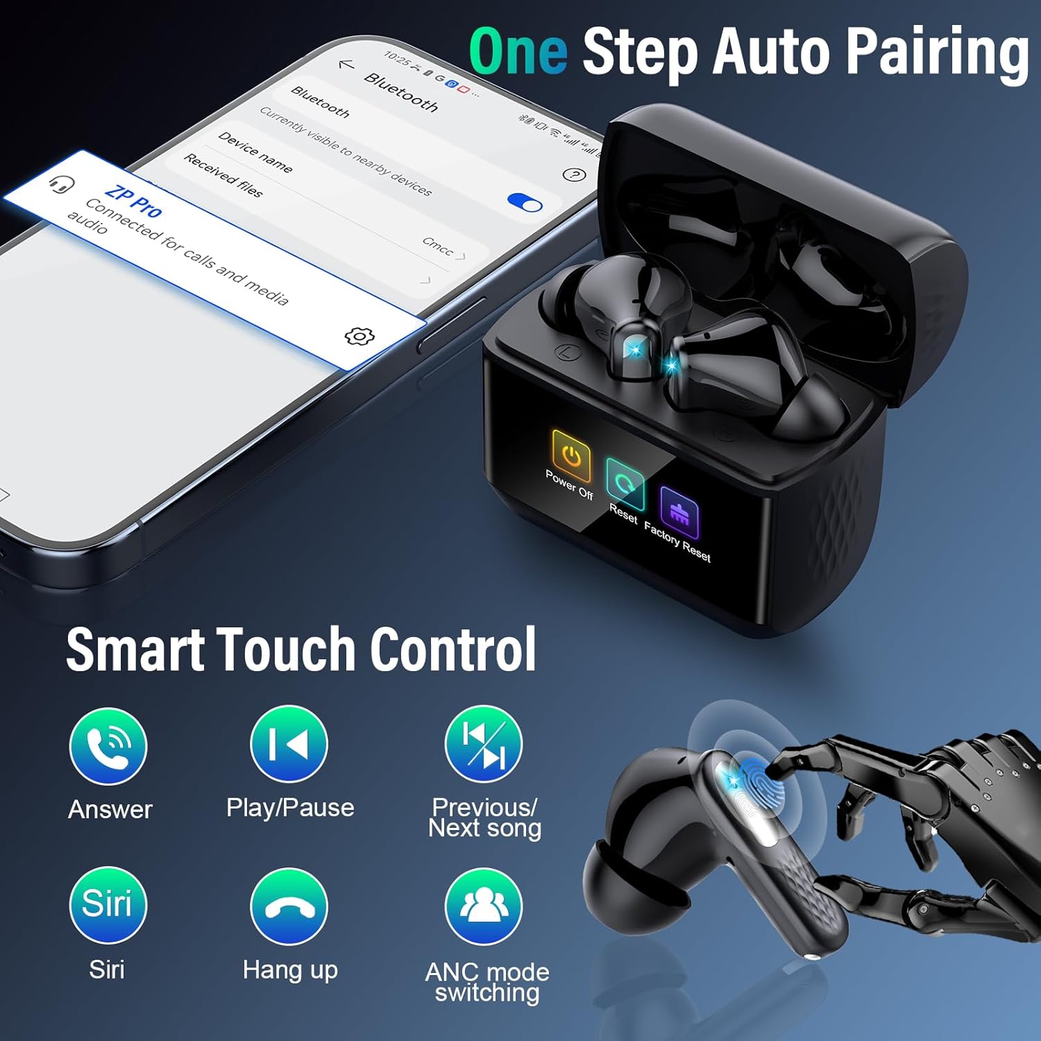 Wireless Earbuds, Bluetooth 5.4 Headphones with Multifunction Touch Screen, 48H Deep Bass Stereo Ear Buds, 5 EQ Modes, ANC/ENC Noise Cancelling, Transparency Mode, IPX7 Bluetooth Earbuds, Black - Image 7