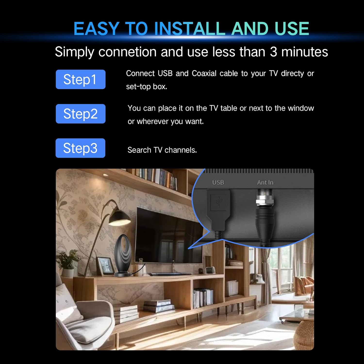 2025 TV Antenna for Smart TV and Old TV, 2200+ Miles Range HD Digital TV Antenna Indoor with 360° Signal Strongest Booster, Supports Local Channels 1080P 4K Reception for Home,RV,Camping (32ft) - Image 4