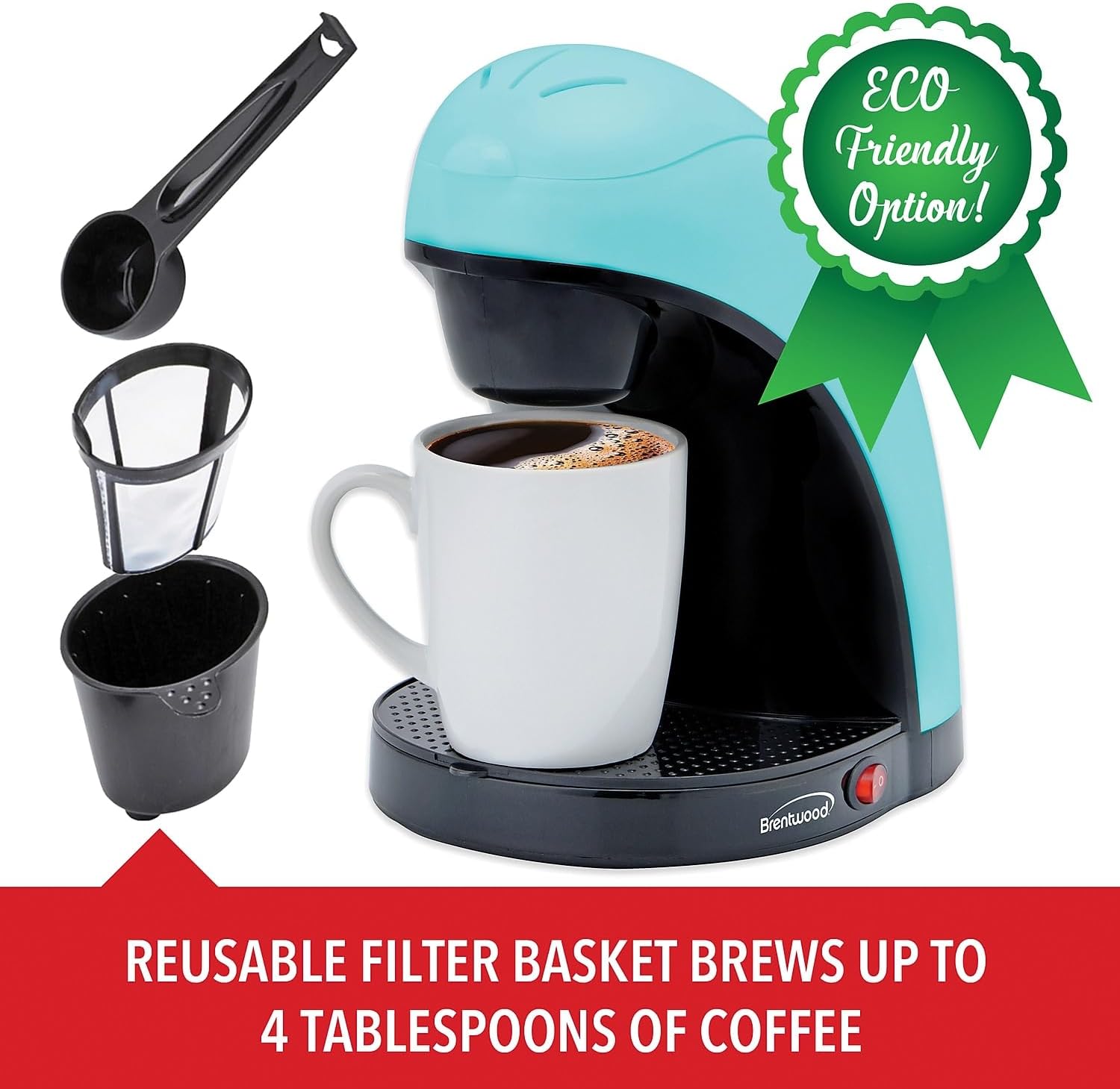 Brentwood TS-112BL Single-Serve Coffee Maker with Mug (Blue) - Image 2