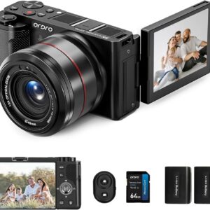 Ordro 5K Digital Camera for Photography, 5K 64MP 12X Optical Zoom YouTube Vlogging Camera with Autofocus & Manual Focus, Travel Camera Content Creator with Control, 64G Card, 2 Batteries