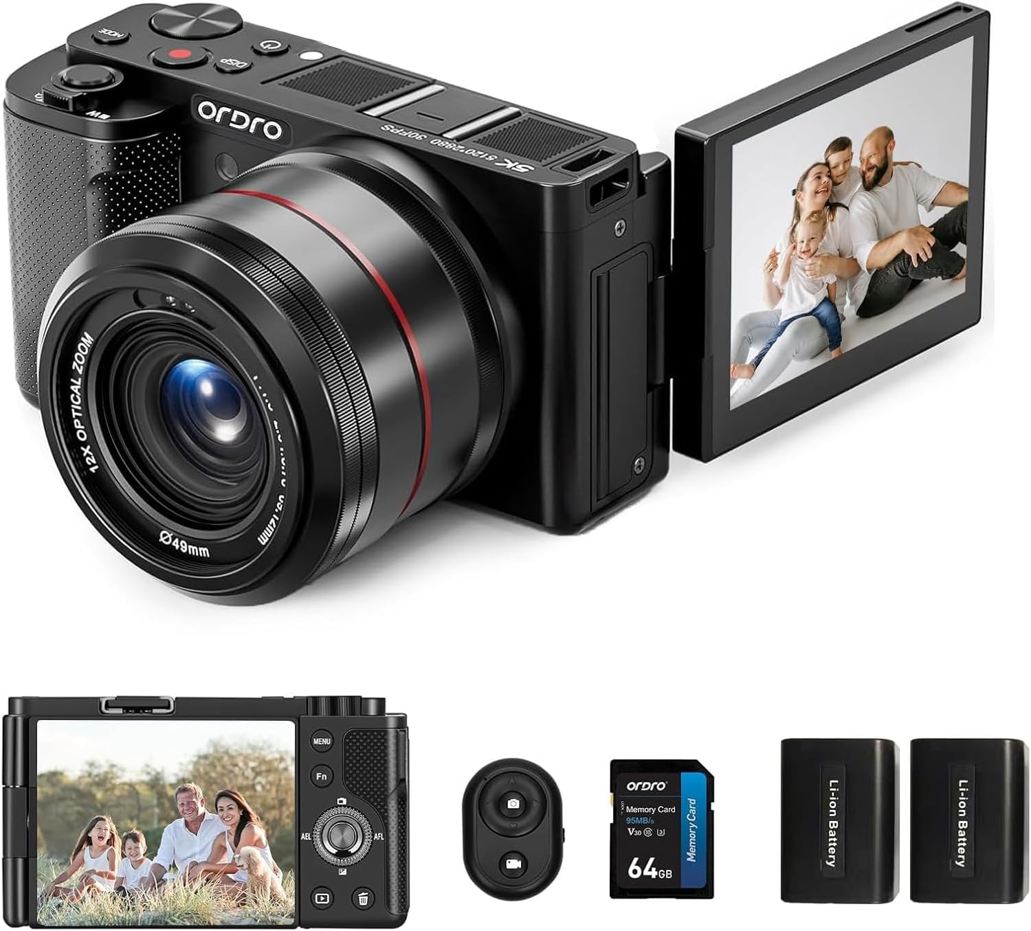 Ordro 5K Digital Camera for Photography, 5K 64MP 12X Optical Zoom YouTube Vlogging Camera with Autofocus & Manual Focus, Travel Camera Content Creator with Control, 64G Card, 2 Batteries