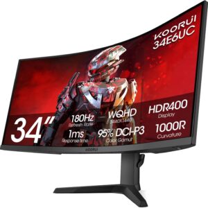 KOORUI 34-inch Ultrawide Curved WQHD 3440×1440 Gaming Monitor, 165Hz 144Hz Curved 1000R- PIP/PBP, 1ms(MPRT) with DisplayHDR 400, FreeSync Premium, 75 * 75mm VESA, HDMI/DisplayPort, 34E6UC