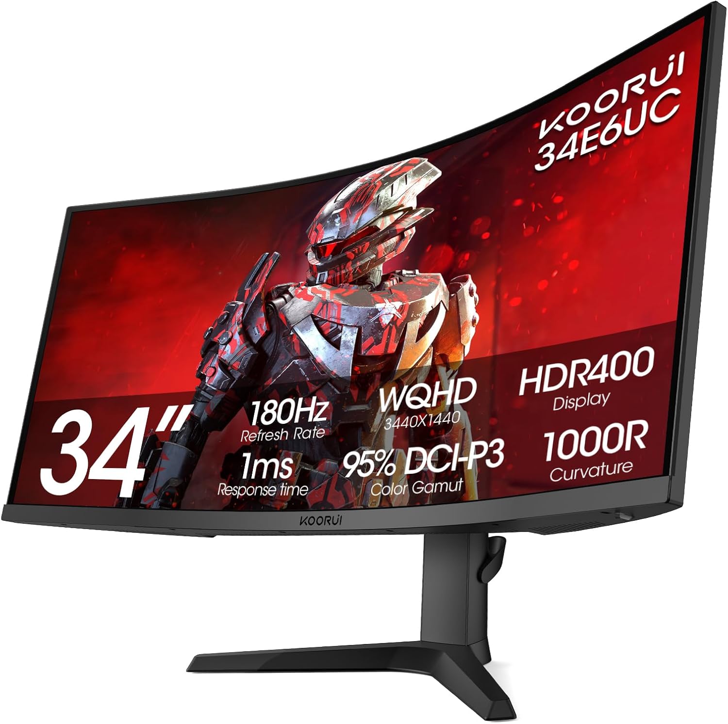 KOORUI 34-inch Ultrawide Curved WQHD 3440×1440 Gaming Monitor, 165Hz 144Hz Curved 1000R- PIP/PBP, 1ms(MPRT) with DisplayHDR 400, FreeSync Premium, 75 * 75mm VESA, HDMI/DisplayPort, 34E6UC