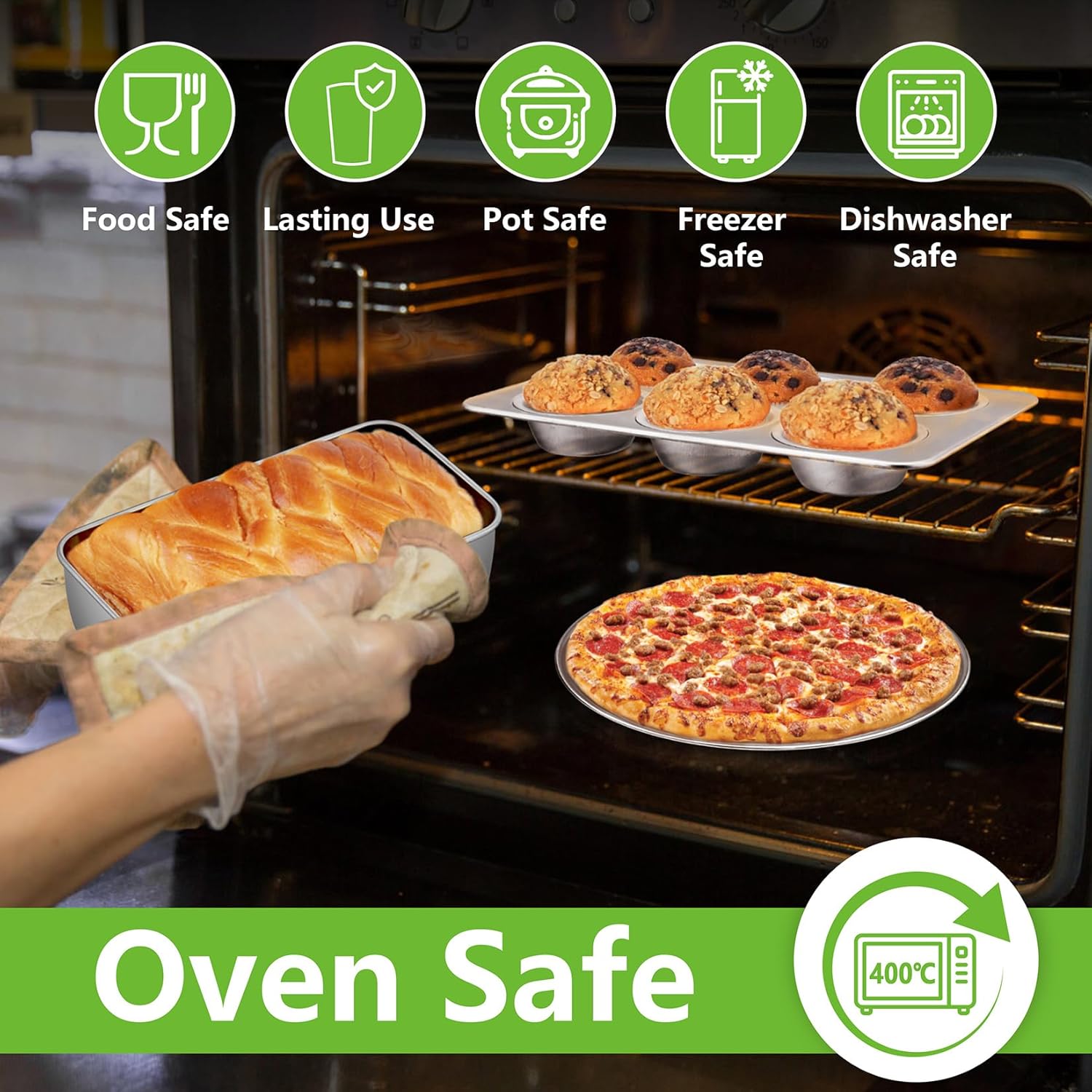 Bakeware Sets of 11, P&P CHEF Stainless Steel Baking Pans Set, Includes Baking Sheets and Rack, Lasagna Pan with Lid, Round/Square Cake Pan, Muffin Pans, Loaf Pan, Reusable & Durable - Image 7