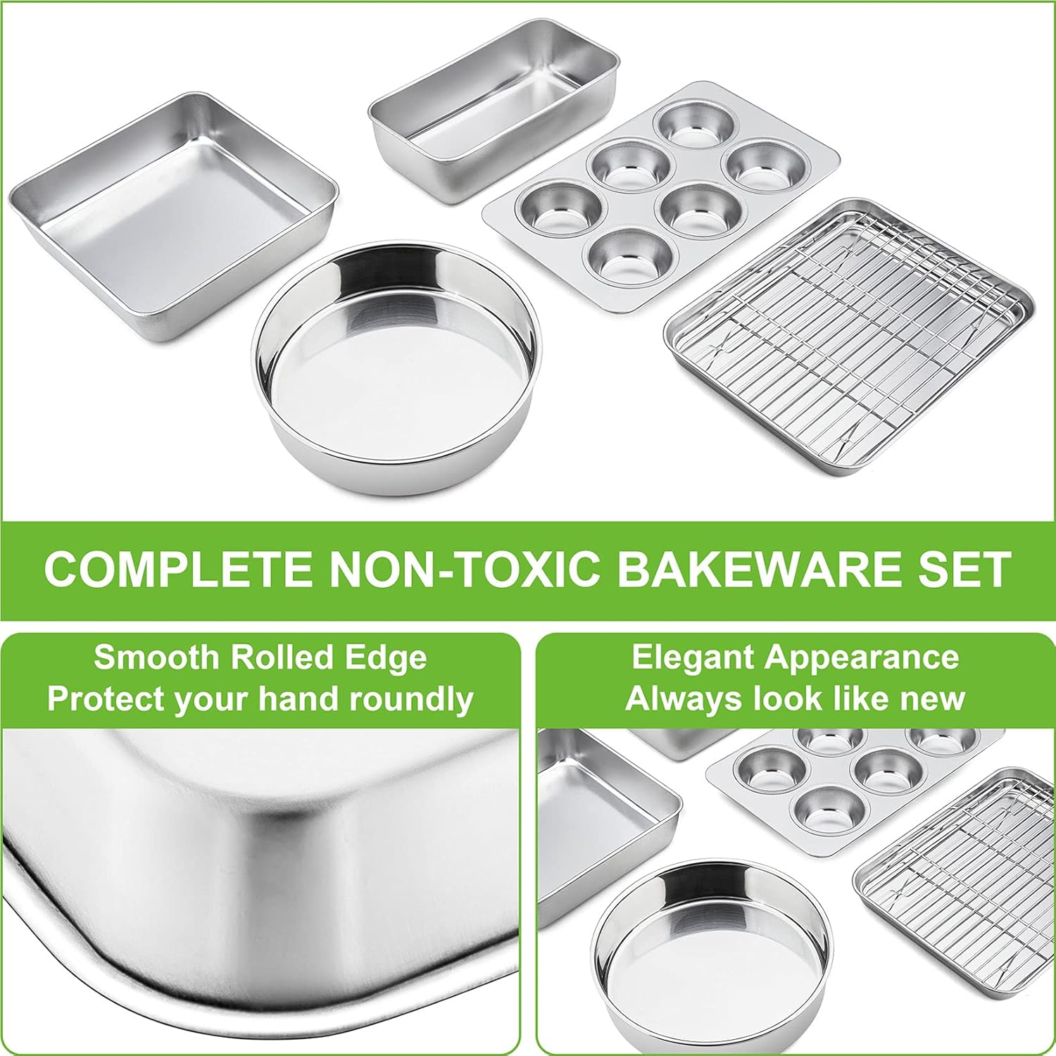 P&P CHEF 6-Piece Small Toaster Oven Pan Set, Stainless Steel Bakeware Set, Toaster Oven Tray with Rack, Square/Round Cake Pan, Loaf Pan & Muffin Pan, Non Toxic & Easy Clean - Image 4