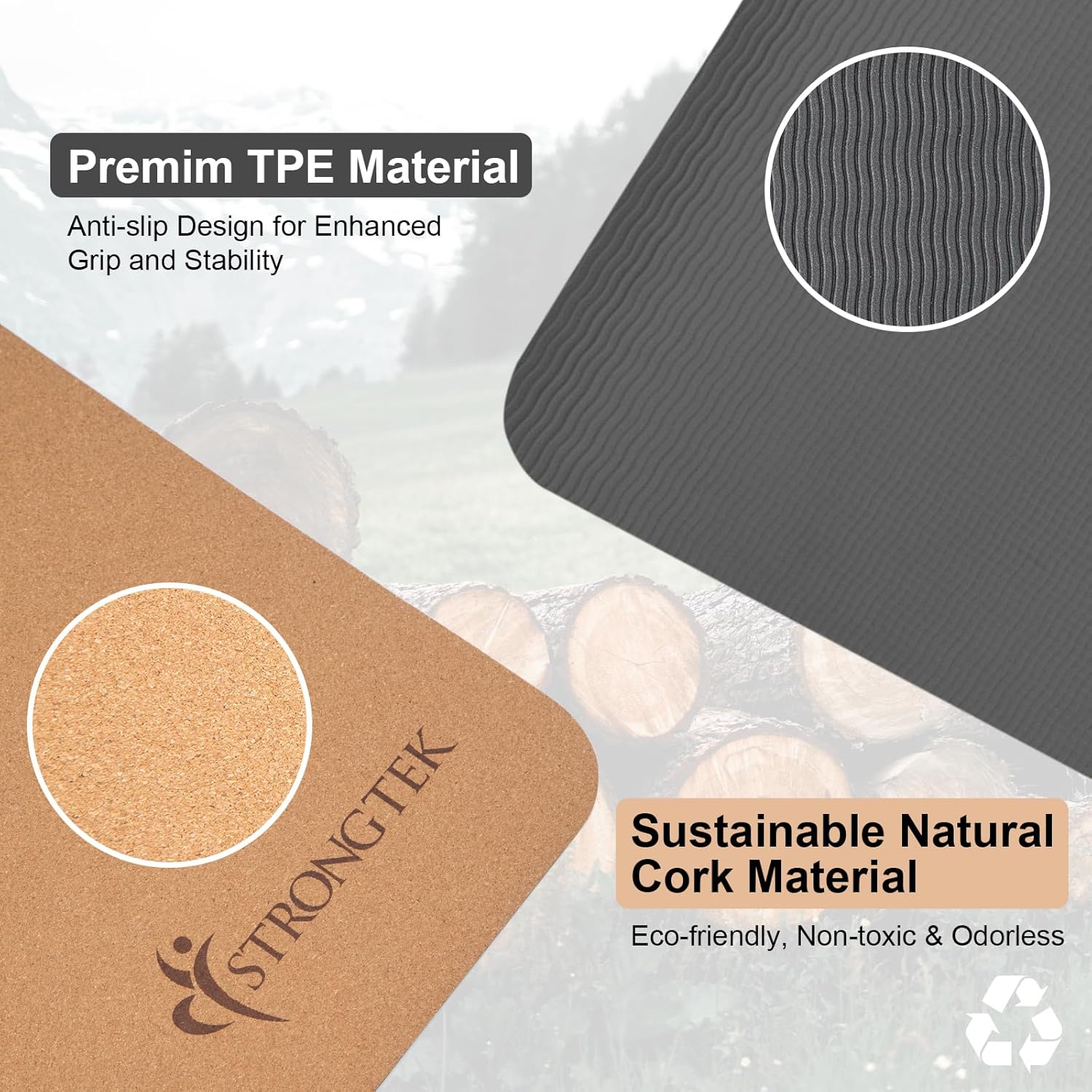 StrongTek Eco-Friendly Cork Yoga Mat, 7mm Thick, 72"x24", Cork+TPE, 2 lbs, Non-Slip, Lightweight & Cushioned Mat for Hot Yoga, Pilates & Home Fitness, Durable Surface with Natural Grip and Carry Strap - Image 2