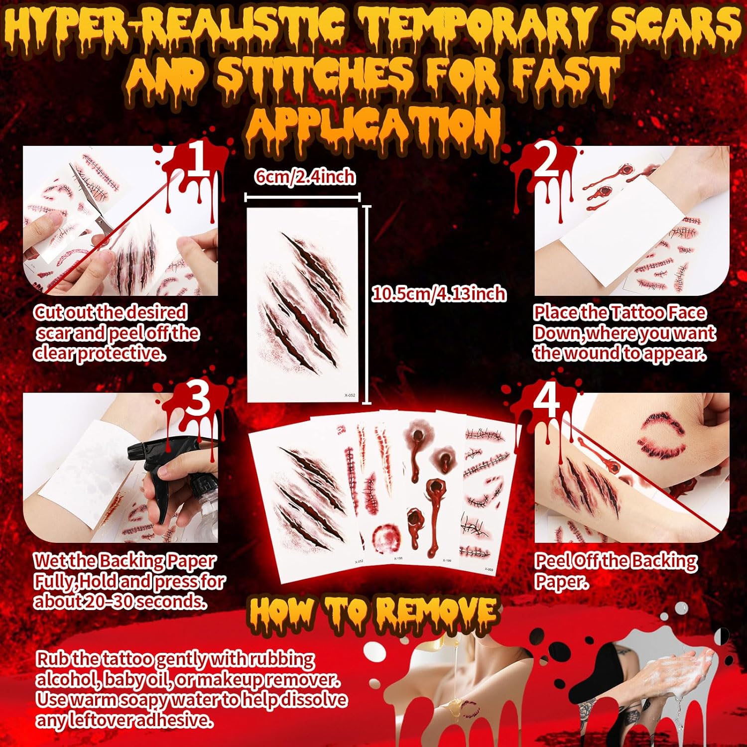 Halloween Fake Blood SFX Makeup Kit – Fake Blood Spray, Dripping Blood, Coagulated Gel, 4 Wound Tattoos, Blood Capsules, Cleaner Soap – Realistic, Washable Makeup for Zombie/Vampire/Monster - Image 4