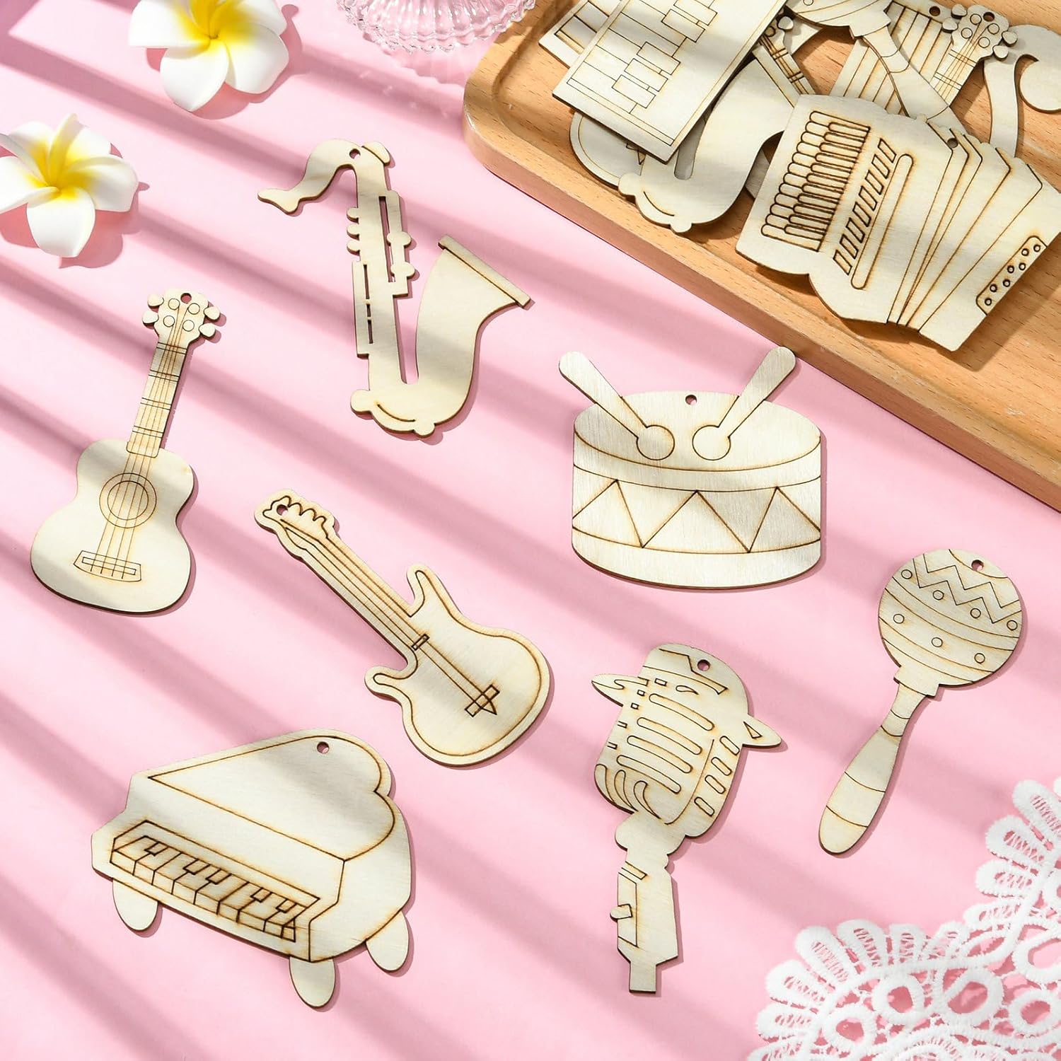 Stiesy 30 Pcs Musical Instruments Theme Unfinished Wood Craft Set with Jute Cord Things to Pint Wooden Blank Cutout Hanging Ornaments for DIY Craft Party Supplies Home Decoration - Image 6