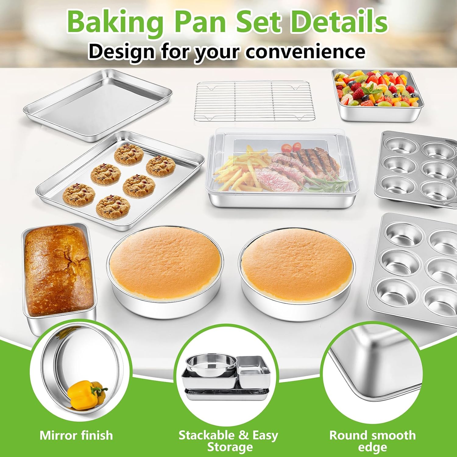 Bakeware Sets of 11, P&P CHEF Stainless Steel Baking Pans Set, Includes Baking Sheets and Rack, Lasagna Pan with Lid, Round/Square Cake Pan, Muffin Pans, Loaf Pan, Reusable & Durable - Image 3