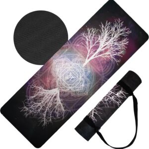 𝑯𝑰𝑮𝑯𝑻𝑶𝑷 Vegan Suede Yoga Mat – Tree of Life/Root Chakra Design, Extra Thick 1/4” (6mm), Sweat-Grip Surface – Perfect for Yoga, Hot Yoga, Pilates & Sweaty Workouts – Free Strap Included
