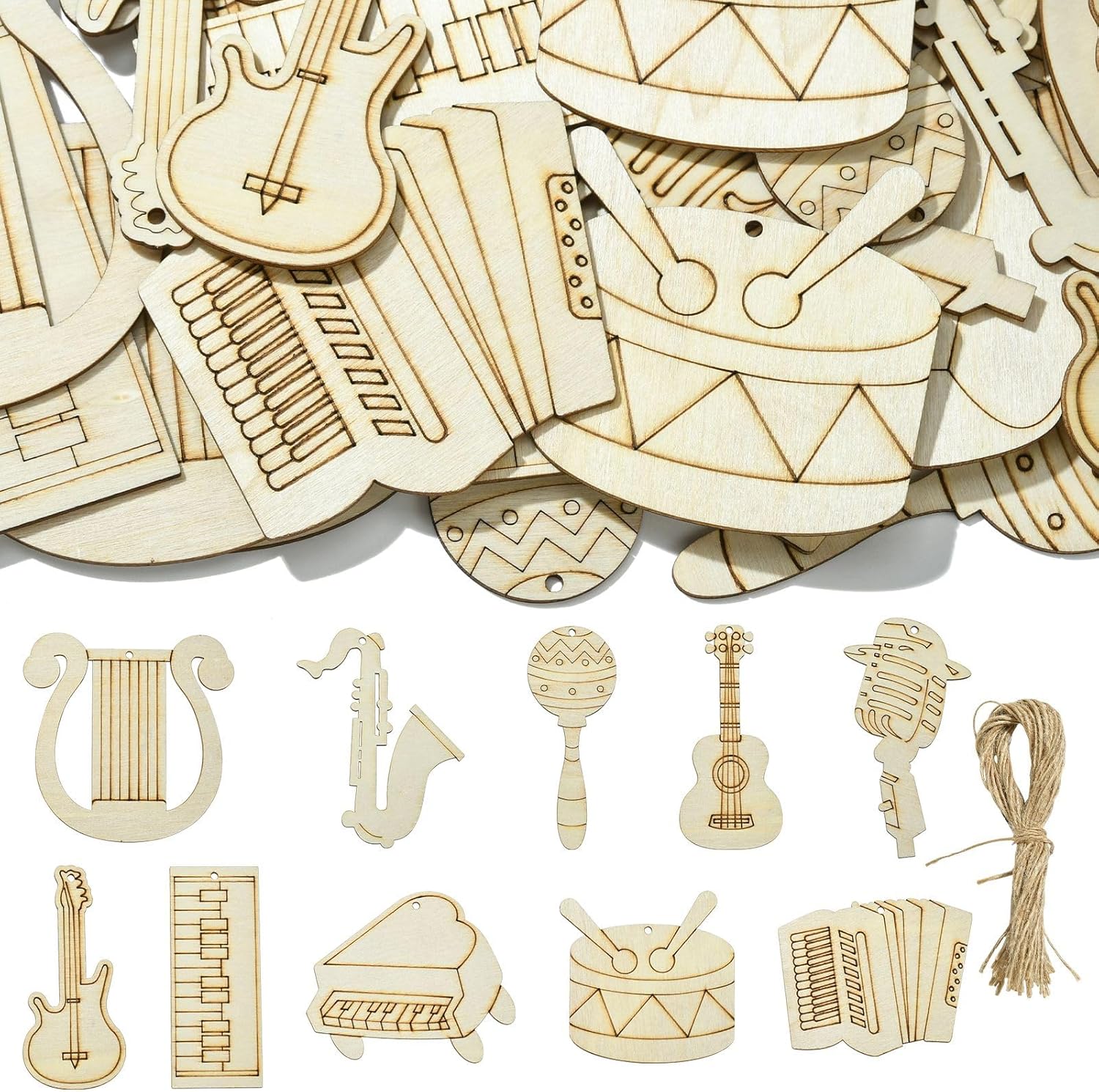 Stiesy 30 Pcs Musical Instruments Theme Unfinished Wood Craft Set with Jute Cord Things to Pint Wooden Blank Cutout Hanging Ornaments for DIY Craft Party Supplies Home Decoration