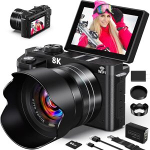 8K Digital Cameras for Photography – WiFi 88MP Autofocus Vlogging Camera for YouTube with 3″ 180° Flip Screen – UHD Video Camara Gifts for Beginner Photographer with 18X Zoom, Lens Hood, 64GB Card