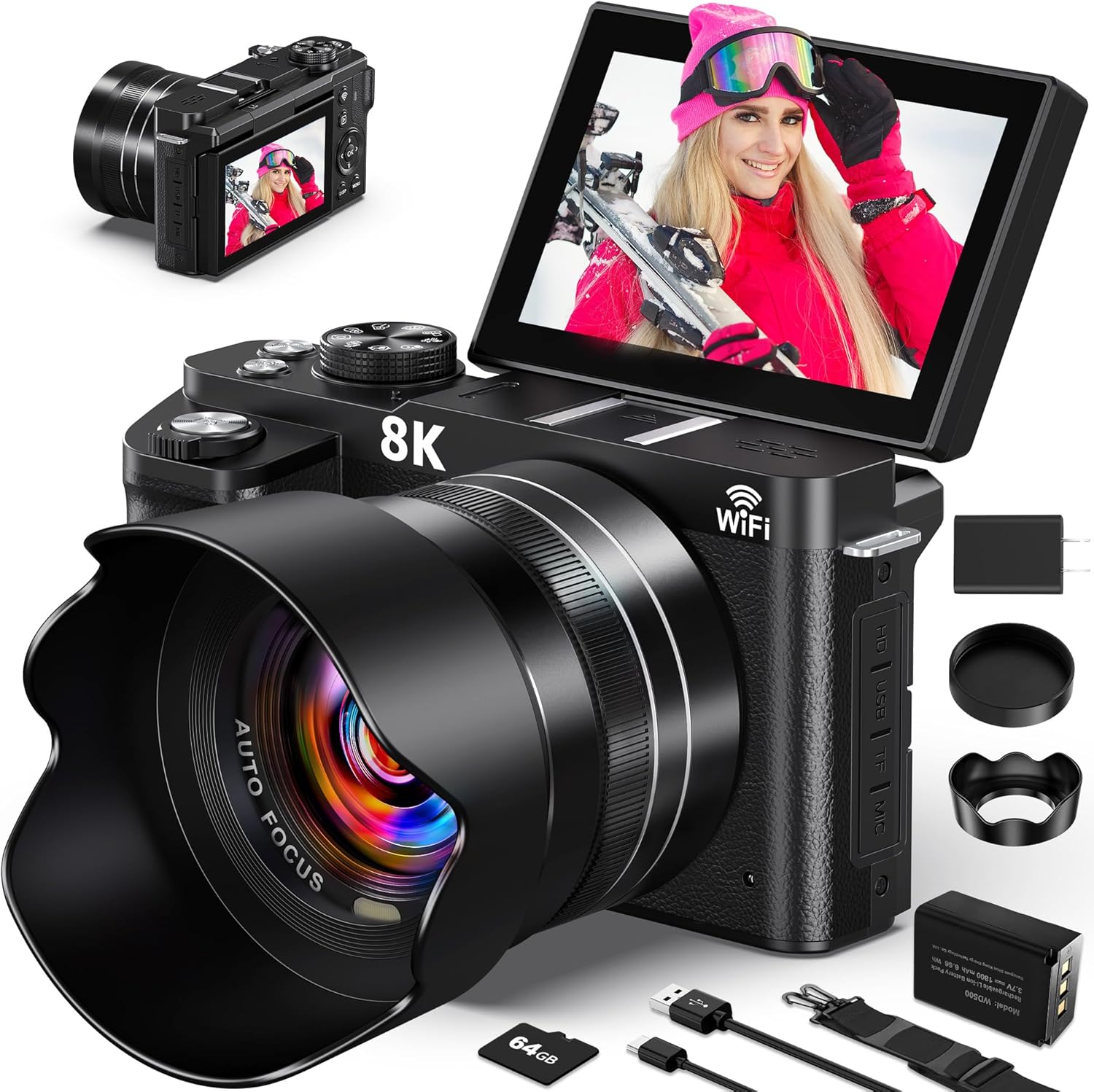8K Digital Cameras for Photography - WiFi 88MP Autofocus Vlogging Camera for YouTube with 3" 180° Flip Screen - UHD Video Camara Gifts for Beginner Photographer with 18X Zoom, Lens Hood, 64GB Card