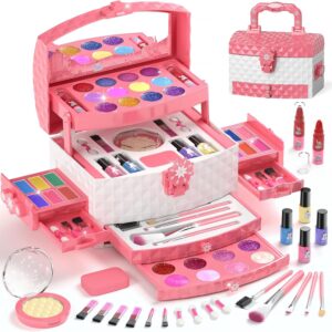 PERRYHOME Kids Makeup Set for Girl 56 Pcs Washable Real Cosmetic, Non-Toxic Frozen Toys Toddler Makeup Kit, Princess Dress up Christmas & Birthday Girl Gift for 3 4 5 6 7 8 9 10 11 12 Year Old Girls