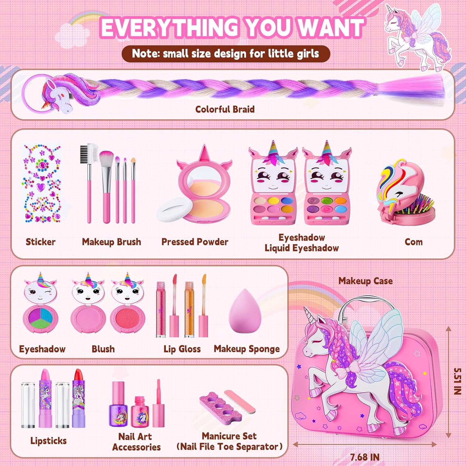 Kids Makeup Kit for Girl - Girls Makeup Kit Toys with Flying Horse Storage Case, Kids Play Makeup Set for Christmas Birthday Gift 3 4 5 6 8 10 11 12+ Years Old - Image 6