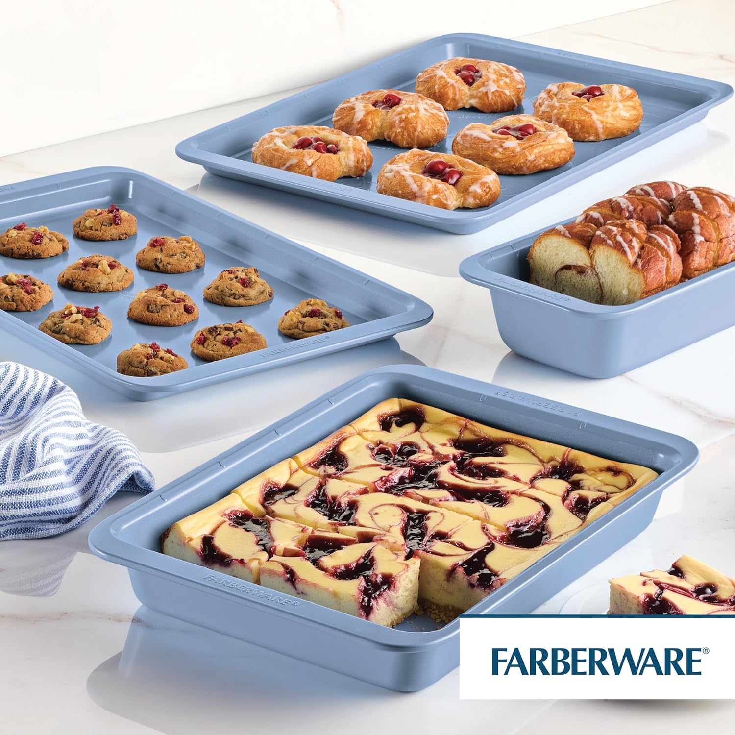 Farberware Easy Solutions Nonstick Baking Set, Includes Cookie Pans, Loaf Pan, and Cake Pan with Portion Marks, 4 Piece, Non Stick Bakeware Set - Blue - Image 8