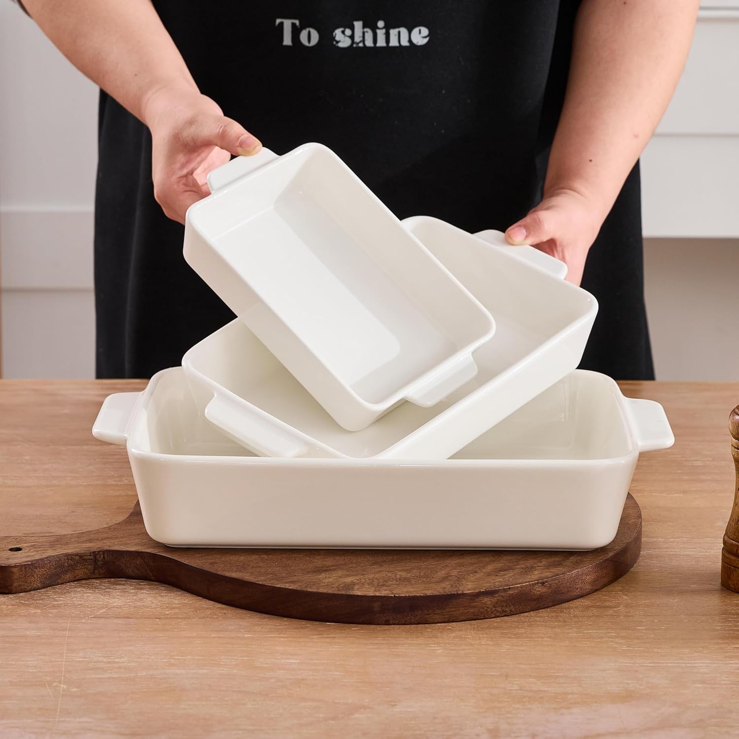 Casserole Dishes For Oven, Porcelain Baking Dishes Set 15.7"/12.3"/9.4", Ceramic Bakeware for Cooking, Large Lasagna Pans with Handle, Deep Baking Pan for Kitchen, Set of 3 White - Image 6