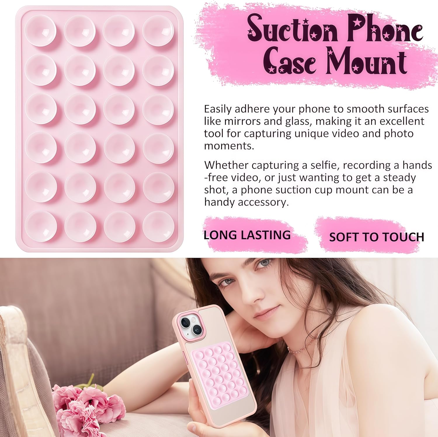 Anteel 2 Pack Silicone Suction Phone Case Mount, Silicon Adhesive Phone Grip for Smartphones, Hands-Free Mirror Shower Phone Holder for Selfies, Tiktok Videos (Light Pink) - Image 2