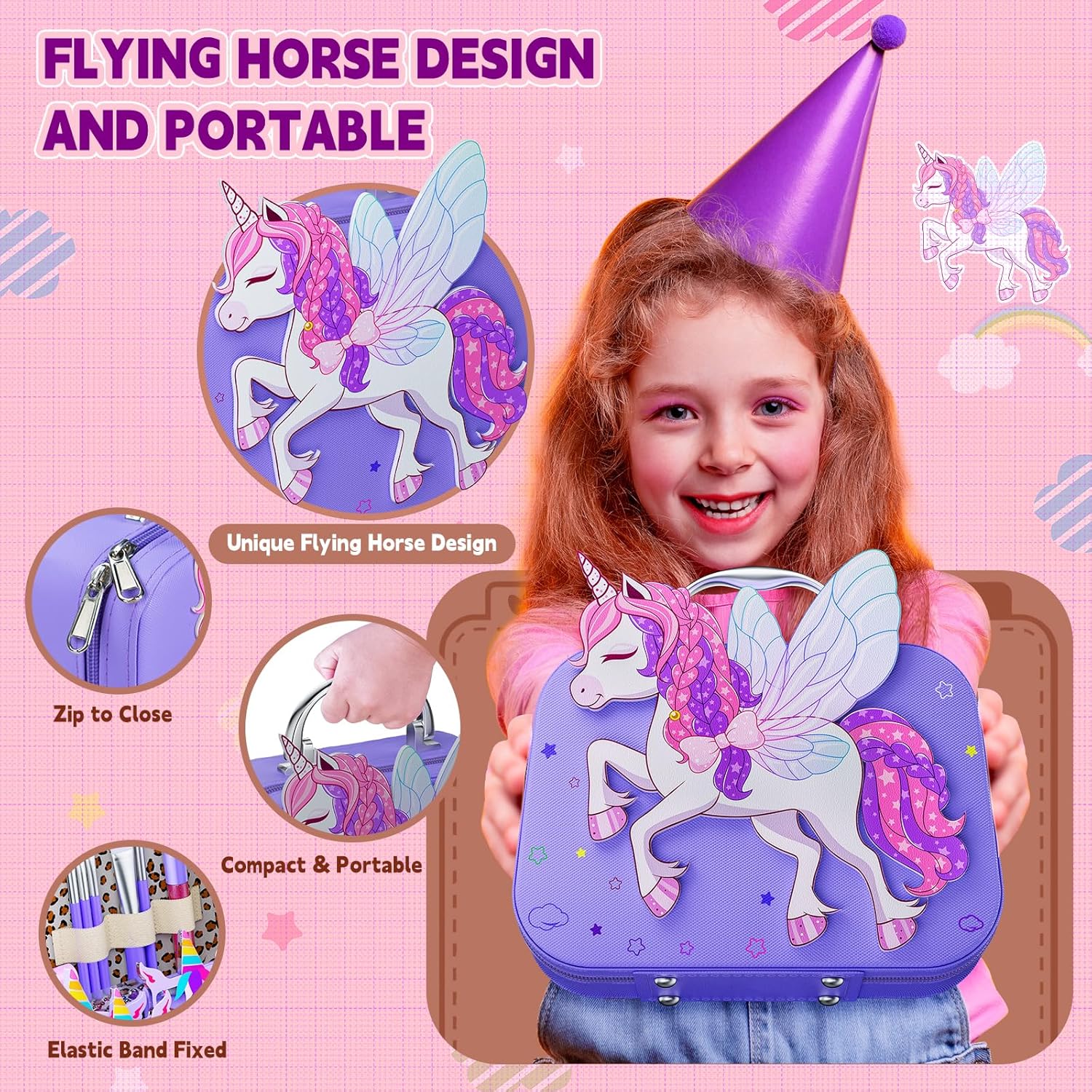 Kids Makeup Kit for Girl - Girls Makeup Kit Toys with Flying Horse Storage Case, Kids Play Makeup Set for Christmas Birthday Gift 3-12 Years Old - Image 3