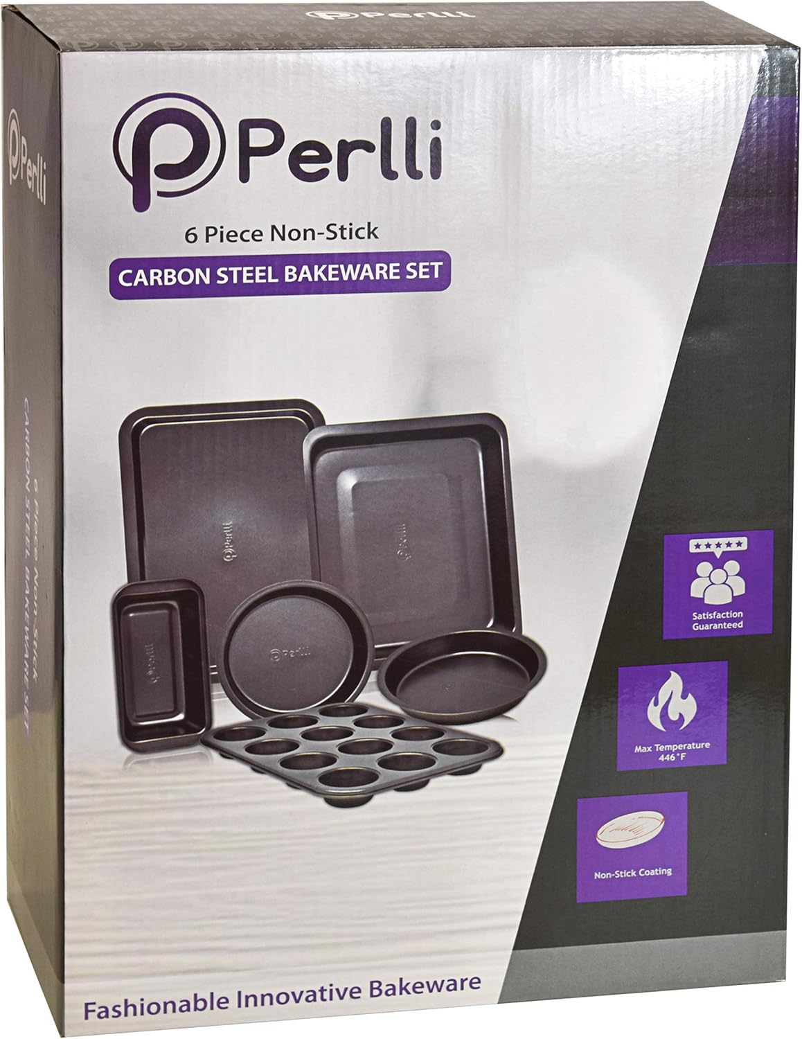 Perlli Baking Set 6 Nonstick Carbon Steel Oven Safe Gray PTFE PFOA Free Bakeware - Cookie Sheet, 2 Rounds, 12 Cup Muffin Pan, Roaster & Loaf Pan - Image 7