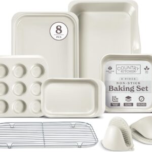 Country Kitchen Nonstick Stackable Bakeware Set – Deluxe Heavy Duty, Durable, Easy Release Baking Set, 8 Pcs, Cream