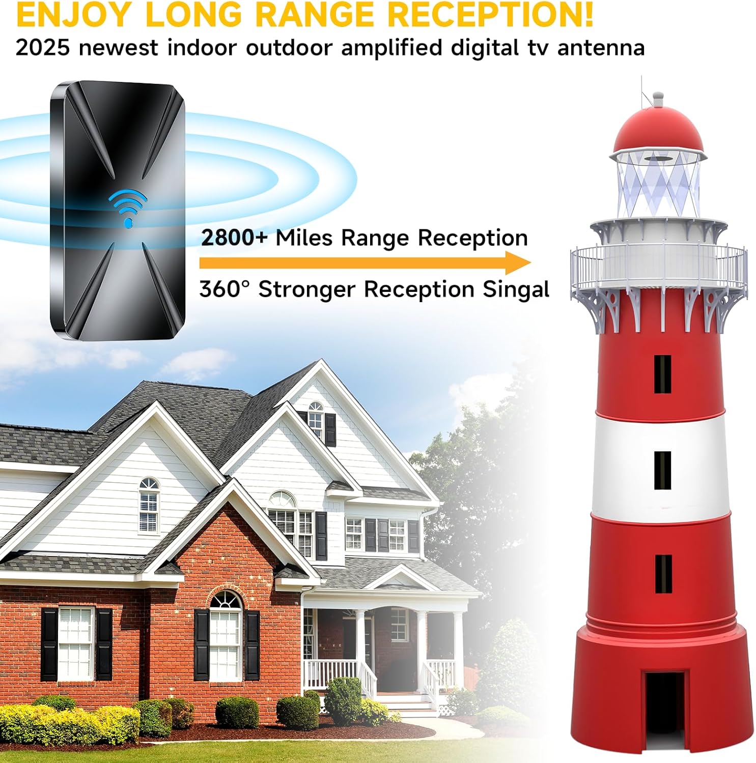 2025 Upgraded TV Antenna Indoor, 2800+ Miles Range Digital Antenna for Smart TV Indoor, HDTV Antenna for Local Channels with Amplifier, Outdoor Antenna Support 8K 4K 1080p All TVs -38FT Coax Cable - Image 3