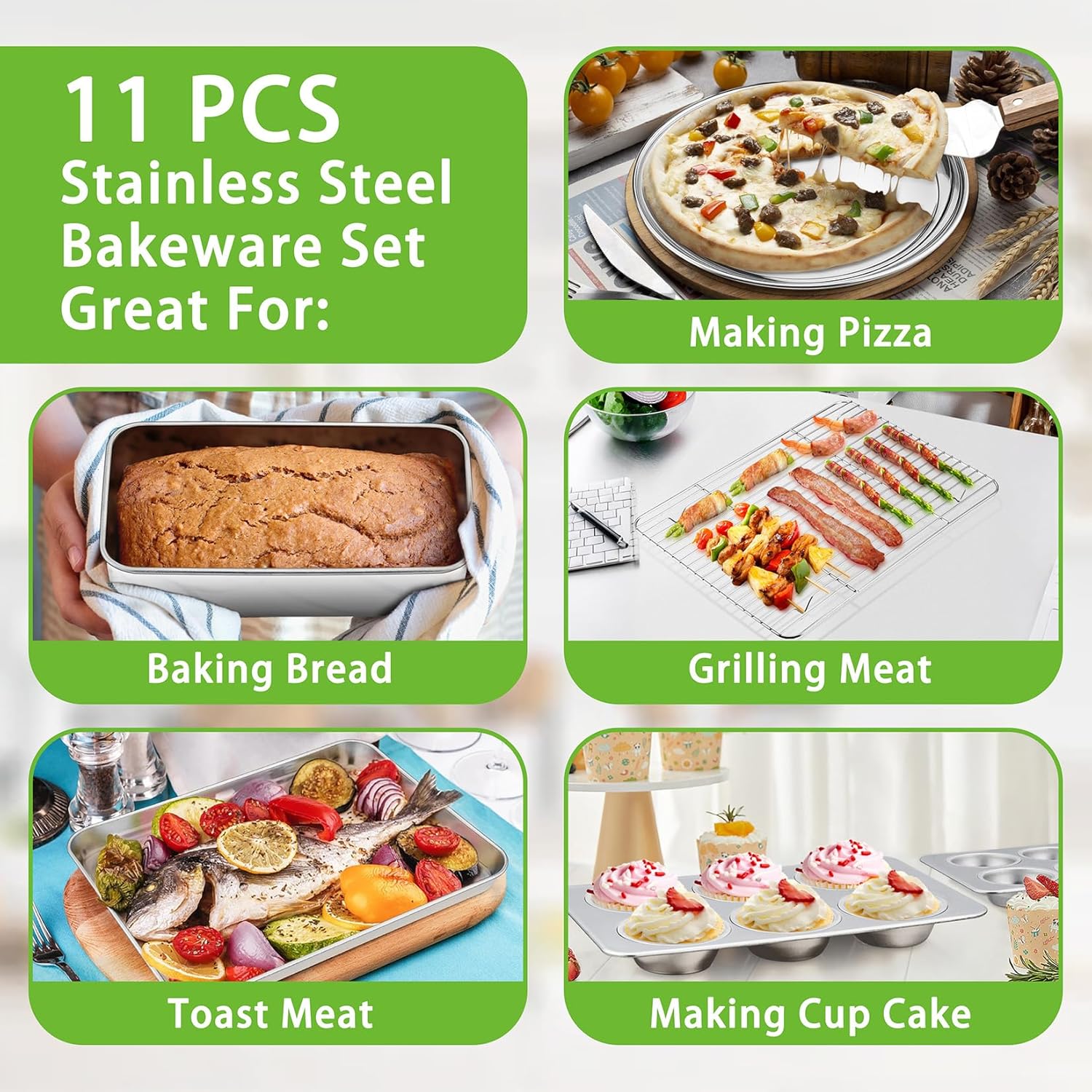 Bakeware Sets of 11, P&P CHEF Stainless Steel Baking Pans Set, Includes Baking Sheets and Rack, Lasagna Pan with Lid, Round/Square Cake Pan, Muffin Pans, Loaf Pan, Reusable & Durable - Image 4