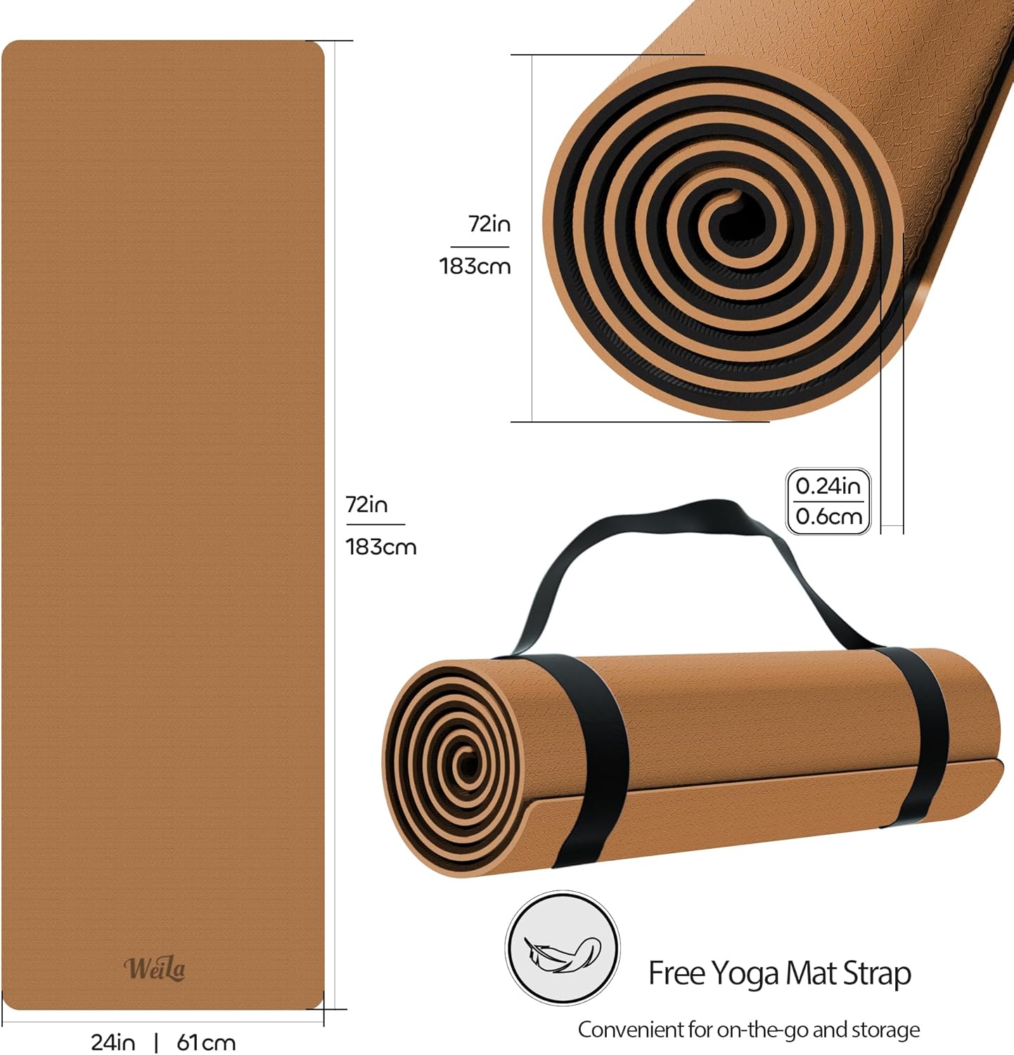 Non-slip TPE Yoga Mat for Women & Men,72"x24" Double-Sided Workout Mat for Home Gym Pilates Fitness,1/4 Inch Packable Lightweight Exercise Mat with Strap for Travel,Non Toxic Exercise Floor Mat - Image 2