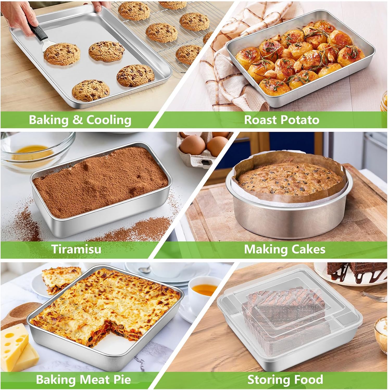 Bakeware Sets of 11, P&P CHEF Stainless Steel Baking Pans Set, Includes Baking Sheets and Rack, Lasagna Pan with Lid, Round/Square Cake Pan, Muffin Pans, Loaf Pan, Reusable & Durable - Image 5