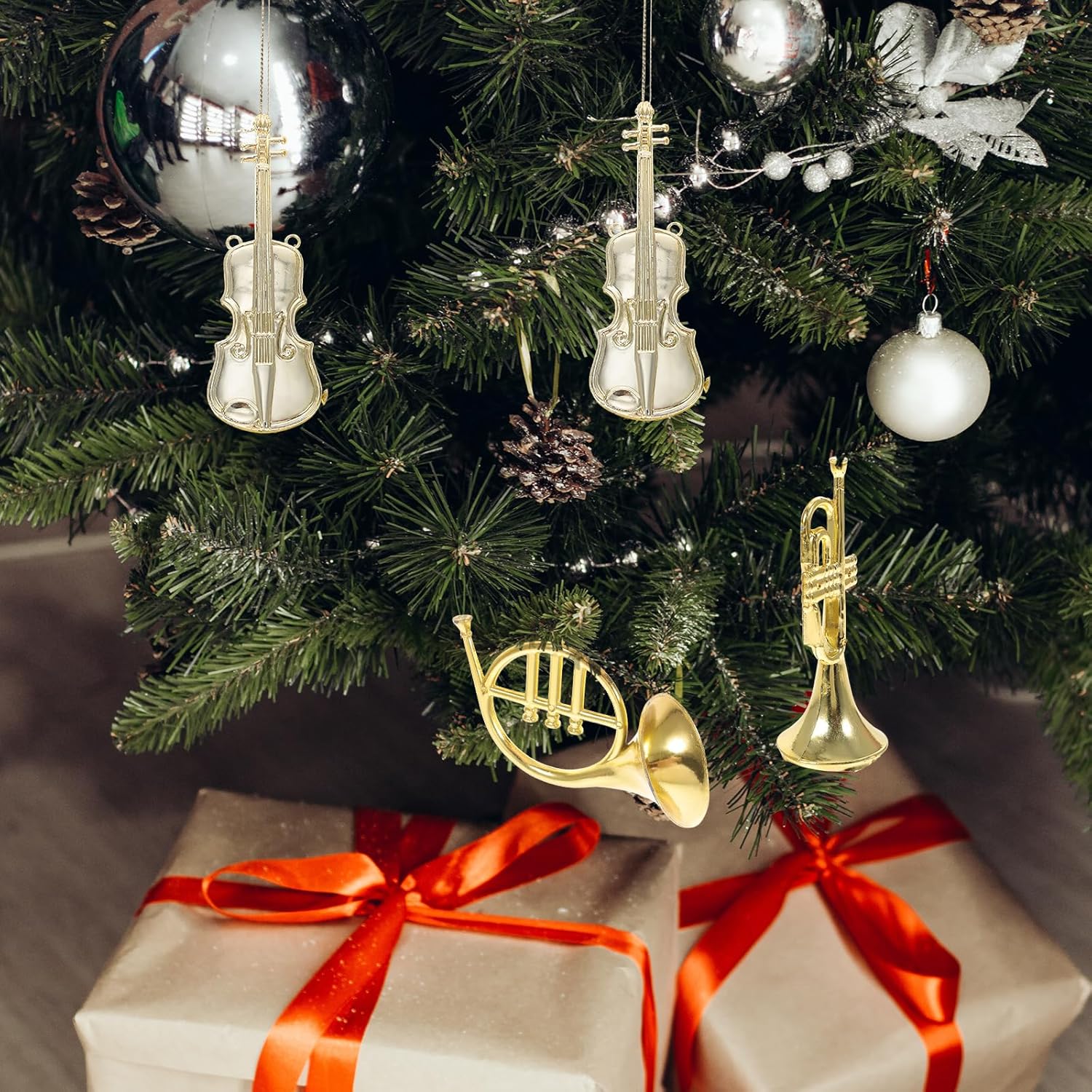 Gatuida 12pcs Christmas Musical Instrument Ornaments Set, Golden Plastic Miniature Violin French Horn Trumpet Models, Xmas Tree Hanging Decorations for Christmas Music Party Home Decor - Image 9