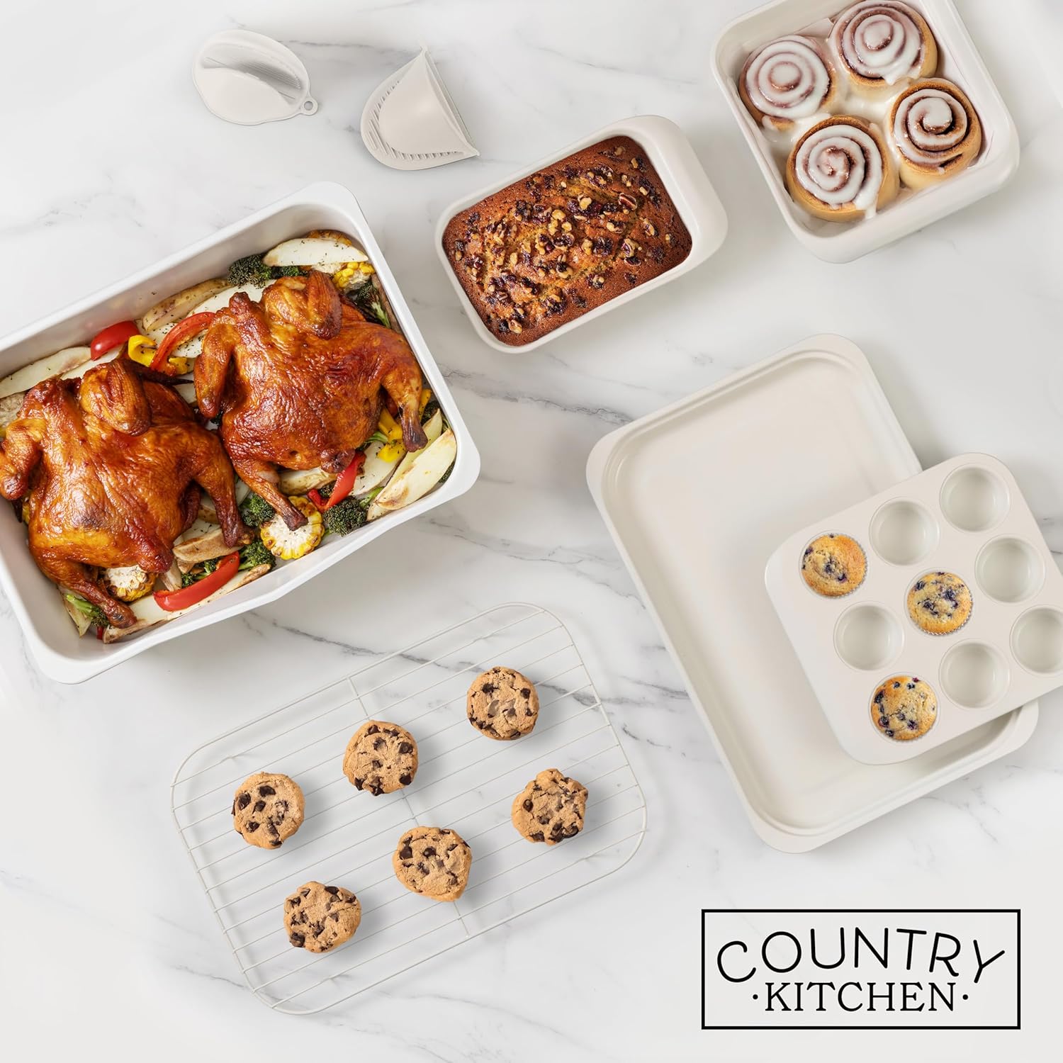 Country Kitchen Nonstick Stackable Bakeware Set - Deluxe Heavy Duty, Durable, Easy Release Baking Set, 8 Pcs, Cream - Image 7