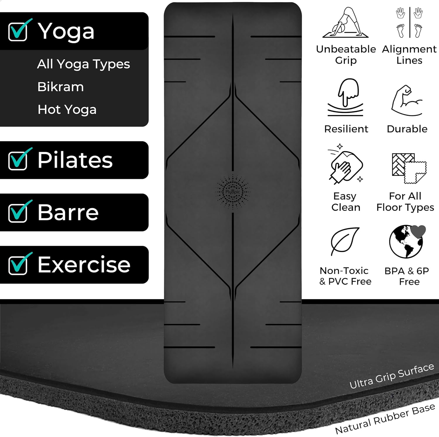 Plyopic. Ultra-Grip Pro Yoga Mat – EXTREME Non-Slip Performance - Dry Grip & Wet Grip - Alignment Lines - Comfortable & Sweat Resistant - For Yoga, Pilates, Exercise, Workout, Bikram & Hot Yoga - Image 2