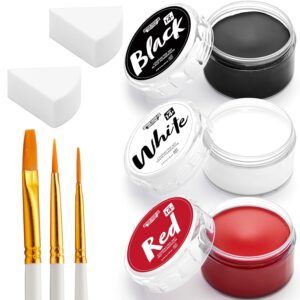 Spooktacular Creations 8 PCS Halloween Makeup Kit 3 Face Body Paint Oil Based Foundation Set with 3 Painting Brushes, 2 Sponges for Halloween Clown SFX Zombie Skeleton Cosplay( White Black Red )