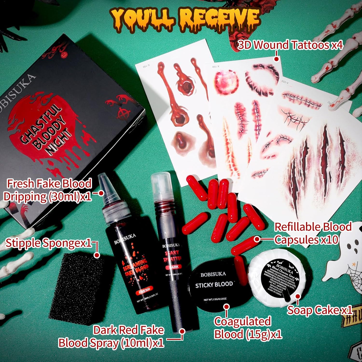 Halloween Fake Blood SFX Makeup Kit – Fake Blood Spray, Dripping Blood, Coagulated Gel, 4 Wound Tattoos, Blood Capsules, Cleaner Soap – Realistic, Washable Makeup for Zombie/Vampire/Monster - Image 8