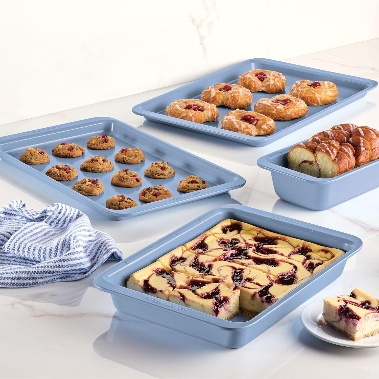 Farberware Easy Solutions Nonstick Baking Set, Includes Cookie Pans, Loaf Pan, and Cake Pan with Portion Marks, 4 Piece, Non Stick Bakeware Set - Blue - Image 9