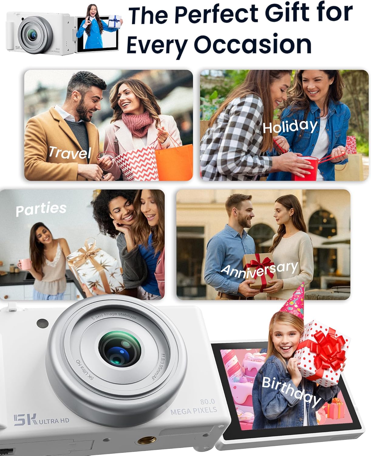 True 5K Digital Camera for Photography, Autofocus 80MP with 18X Digital Zoom 3" 270°Flip Screen Dual-Lens Selfie Camera for YouTube Vlogging & Content Creation, 2 Batteries, 32GB Card & Flash,White - Image 9