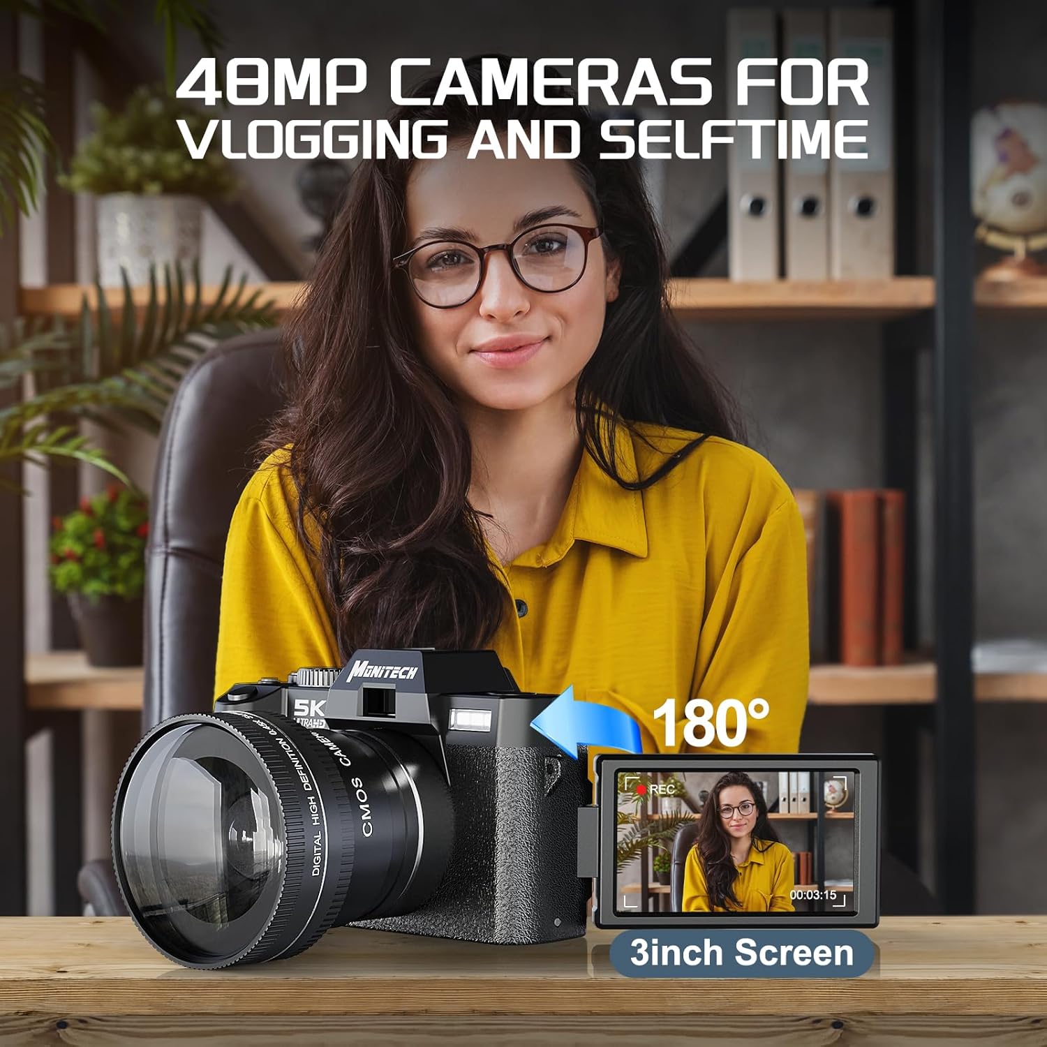 5K Digital Camera, 48MP Cameras for Photography, Vlogging Camera for YouTube with 180° Flip Screen,16X Digital Zoom,52mm Wide Angle & Macro Lens, 2 Batteries, 32GB TF Card - Image 4