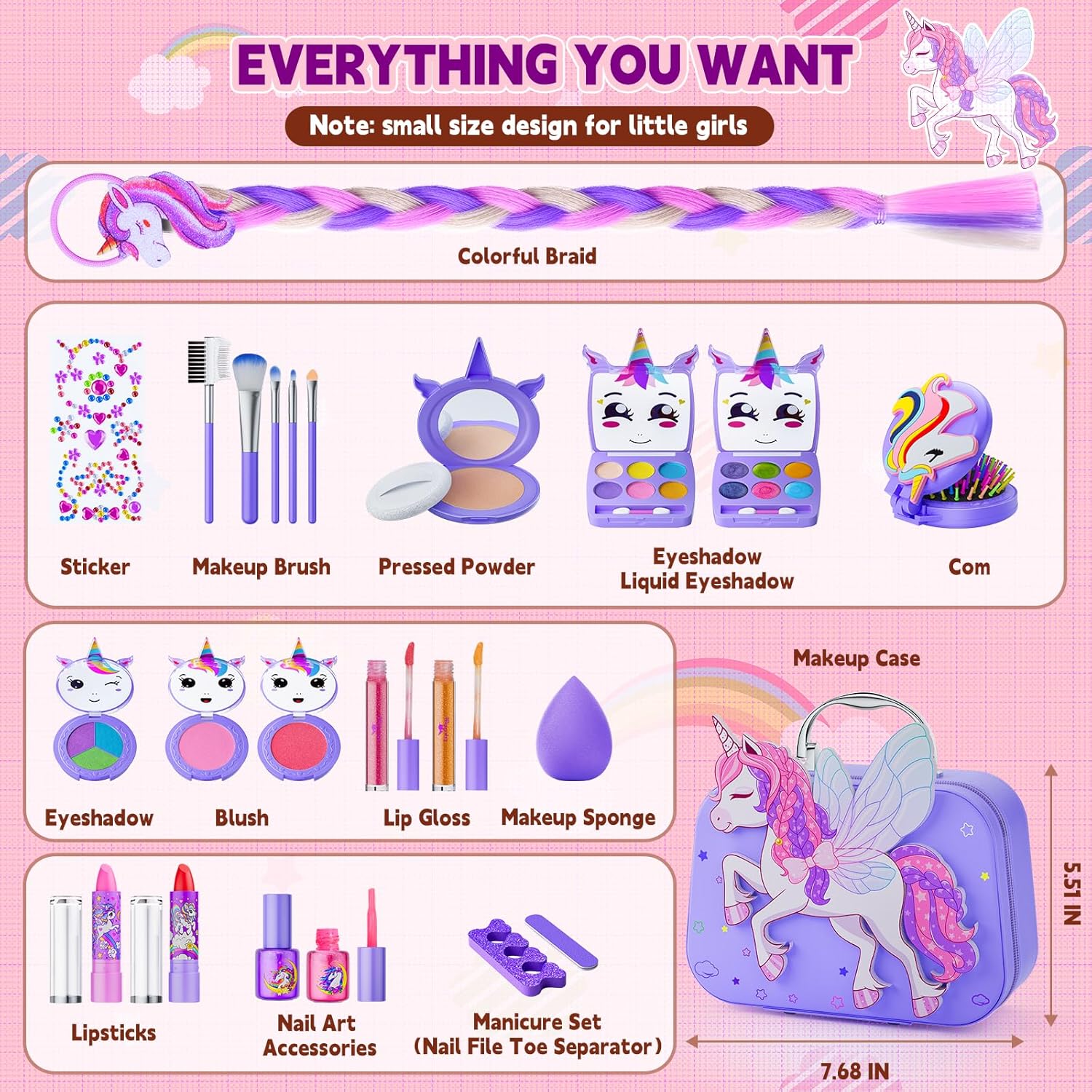 Kids Makeup Kit for Girl - Girls Makeup Kit Toys with Flying Horse Storage Case, Kids Play Makeup Set for Christmas Birthday Gift 3-12 Years Old - Image 6