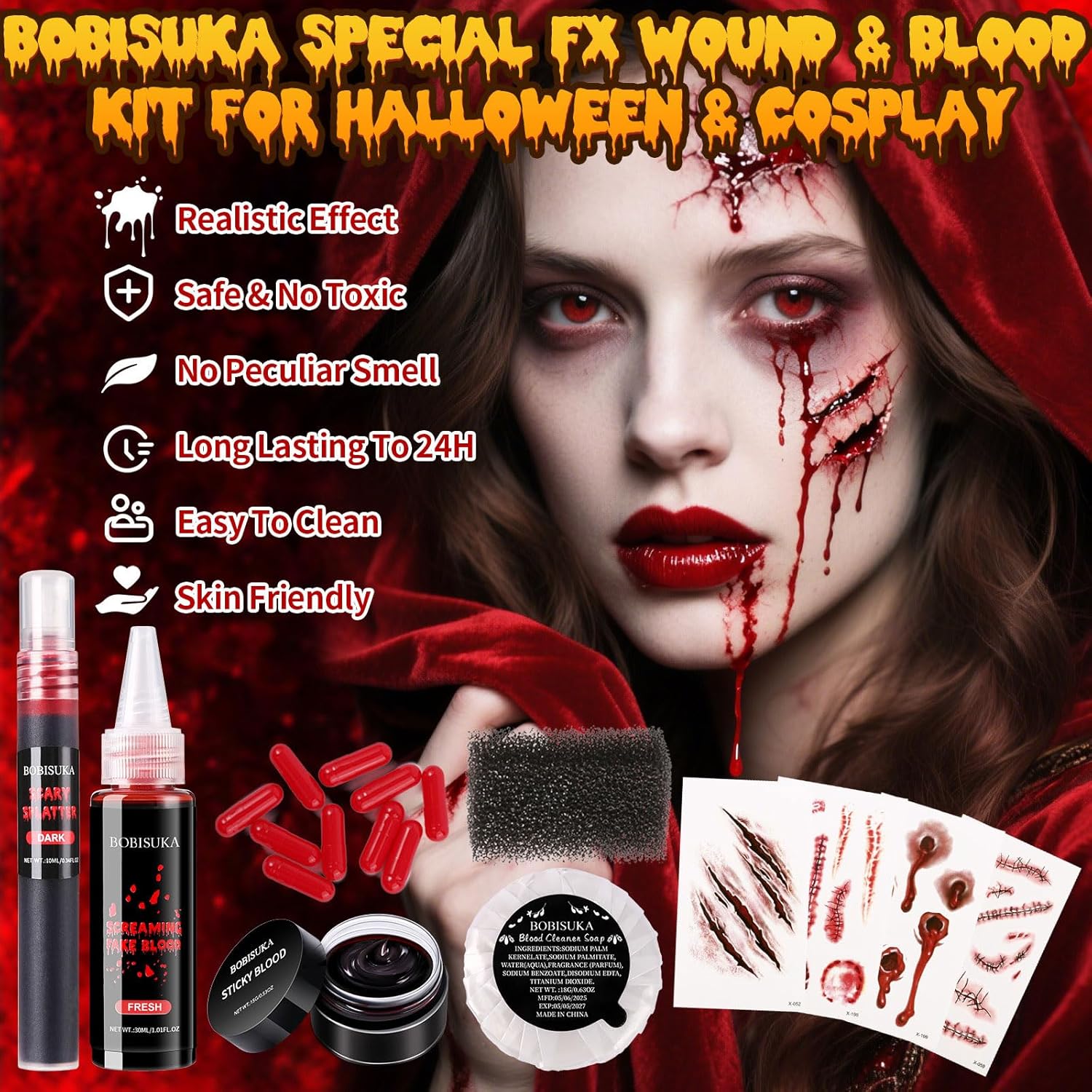Halloween Fake Blood SFX Makeup Kit – Fake Blood Spray, Dripping Blood, Coagulated Gel, 4 Wound Tattoos, Blood Capsules, Cleaner Soap – Realistic, Washable Makeup for Zombie/Vampire/Monster - Image 2