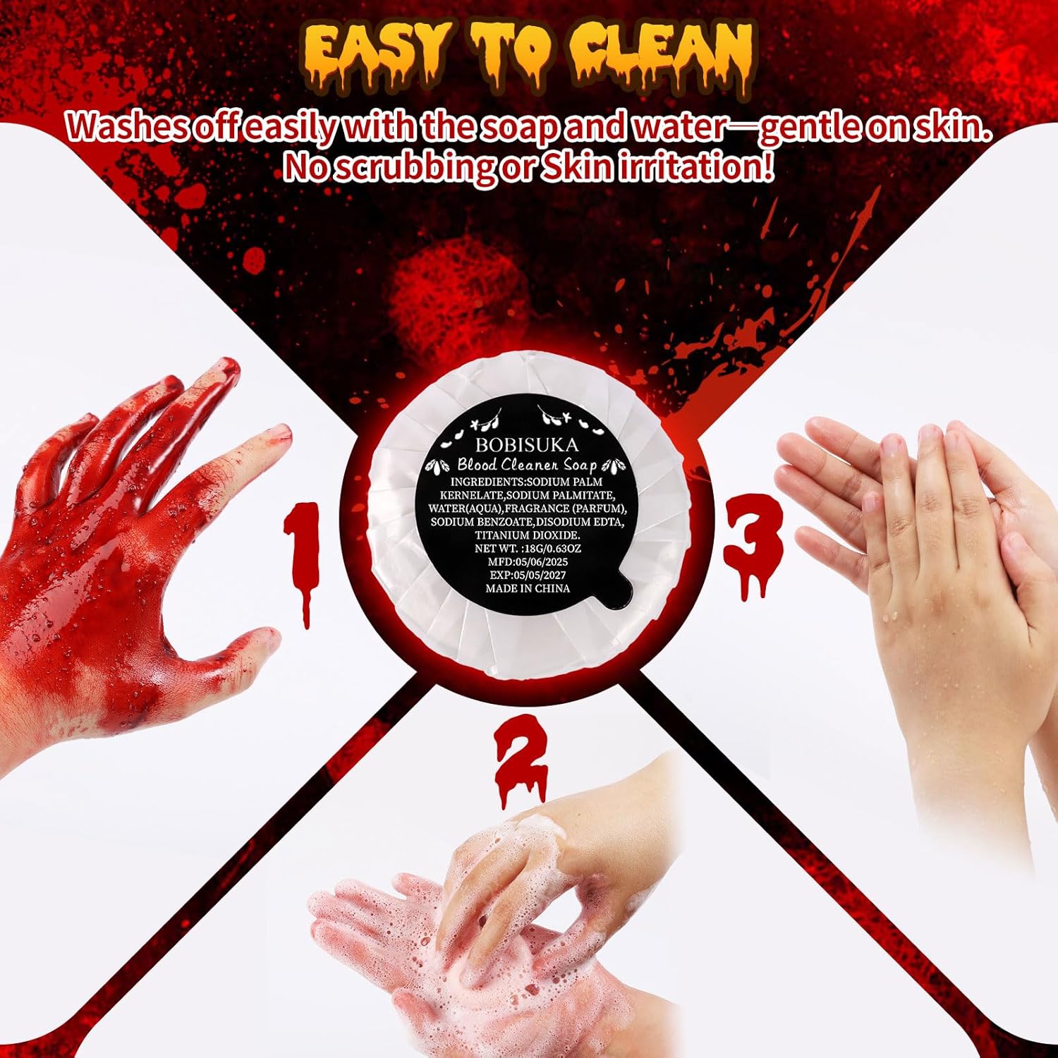 Halloween Fake Blood SFX Makeup Kit – Fake Blood Spray, Dripping Blood, Coagulated Gel, 4 Wound Tattoos, Blood Capsules, Cleaner Soap – Realistic, Washable Makeup for Zombie/Vampire/Monster - Image 6