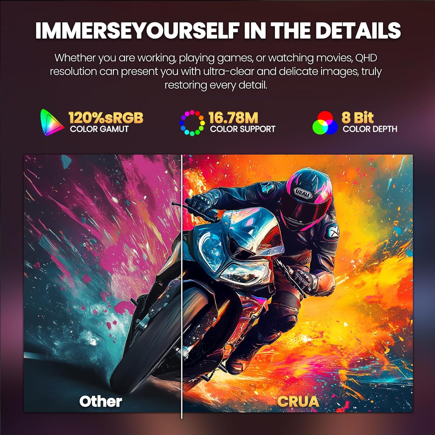 CRUA 32" Curved Gaming Monitor, 2K QHD 2560x1440P, 144Hz/165Hz Computer Monitors, 120% sRGB, FreeSync, Low Blue Light, 1800R VA Screen, HDMI 1.4/DP 1.2, Wall Mountable - Black - Image 5