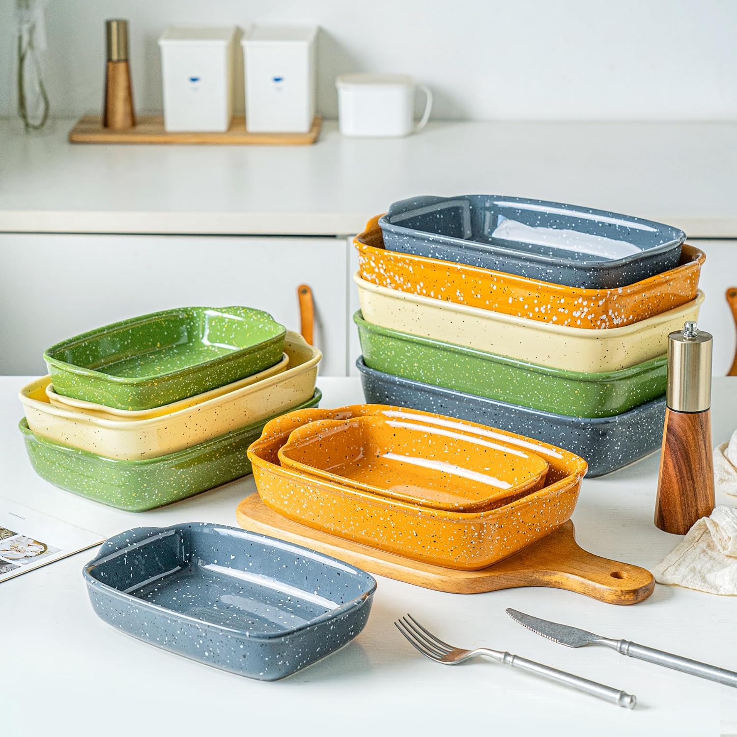 Ceramic Baking Dishes for Oven,Heavy Duty Bakeware Dish Set of 3, Rectangular Casserole,Lasagna Pan Deep,High Heat Resistant,Glazed Handcraft Speckle Series (13.8''/12''/9.6''Green) - Image 7