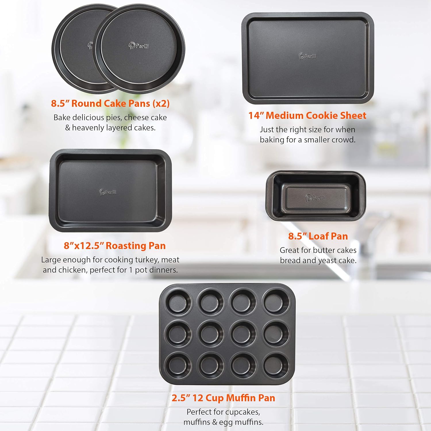 Perlli Baking Set 6 Nonstick Carbon Steel Oven Safe Gray PTFE PFOA Free Bakeware - Cookie Sheet, 2 Rounds, 12 Cup Muffin Pan, Roaster & Loaf Pan - Image 2